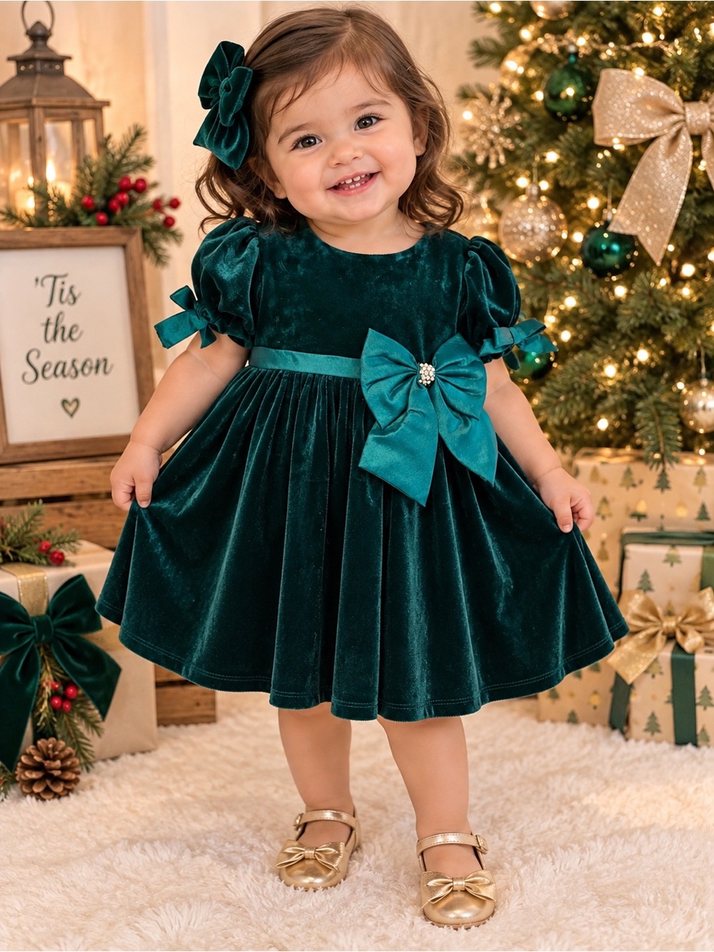 New w tags! Toddler Velvet Holiday Dress with Bow - Emerald Green
